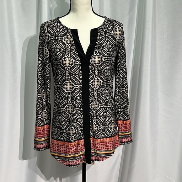 Ivy Ridge printed long sleeve top - orange, black, cream, yellow & maroon - Picture 1 of 11